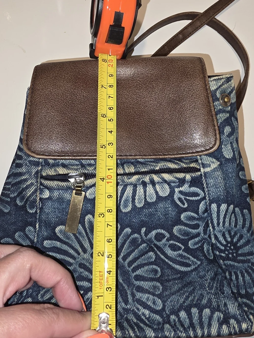 Blue Floral Denim Backpack with Brown Trim
